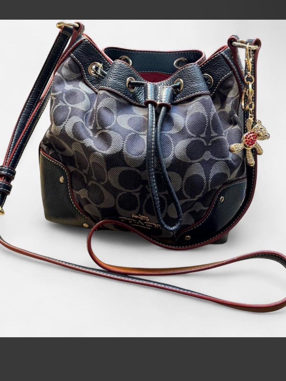 Coach Signature Denim Small Drawstring Crossbody Bag in Black/Gray
